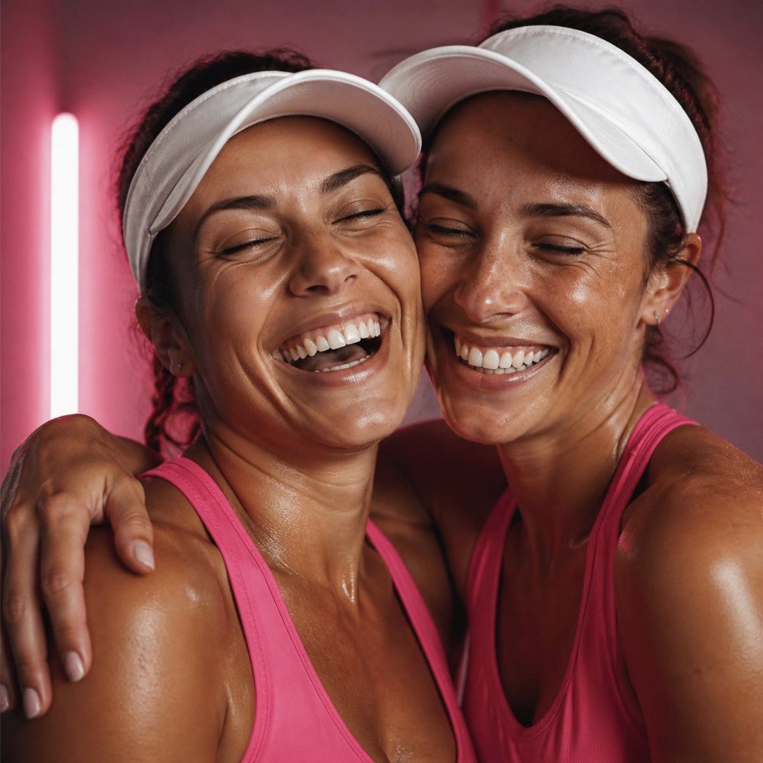 Duas mulheres de rosa rindo e se abraçando depois do treino